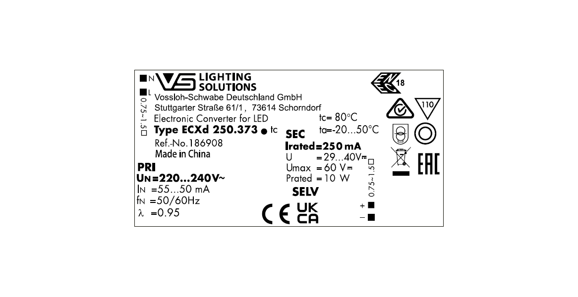 VS 10W 250mA  29-40V IP20  DIM (L,C_TRIAC)   ECXd  250.373   100x50x19мм - драйвер VS - , изображение 2