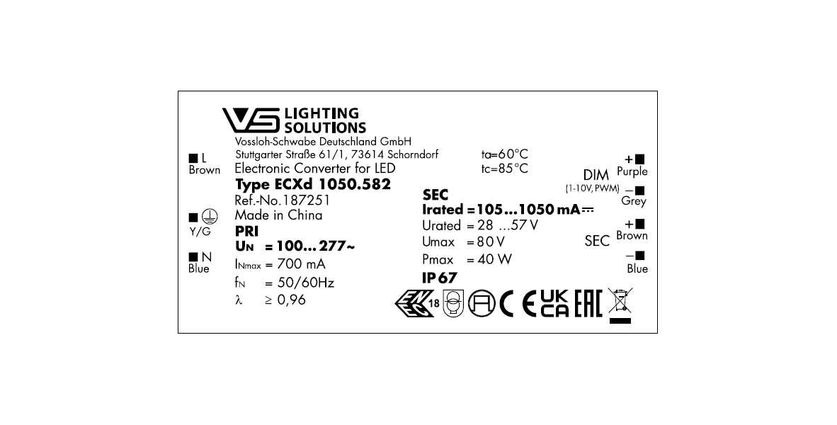 VS  40W  IP67  110-1050mA    28 - 57V  DIM(1-10V)  ECXd 1050.582   117х67х37мм - драйвер VS - , изображение 2