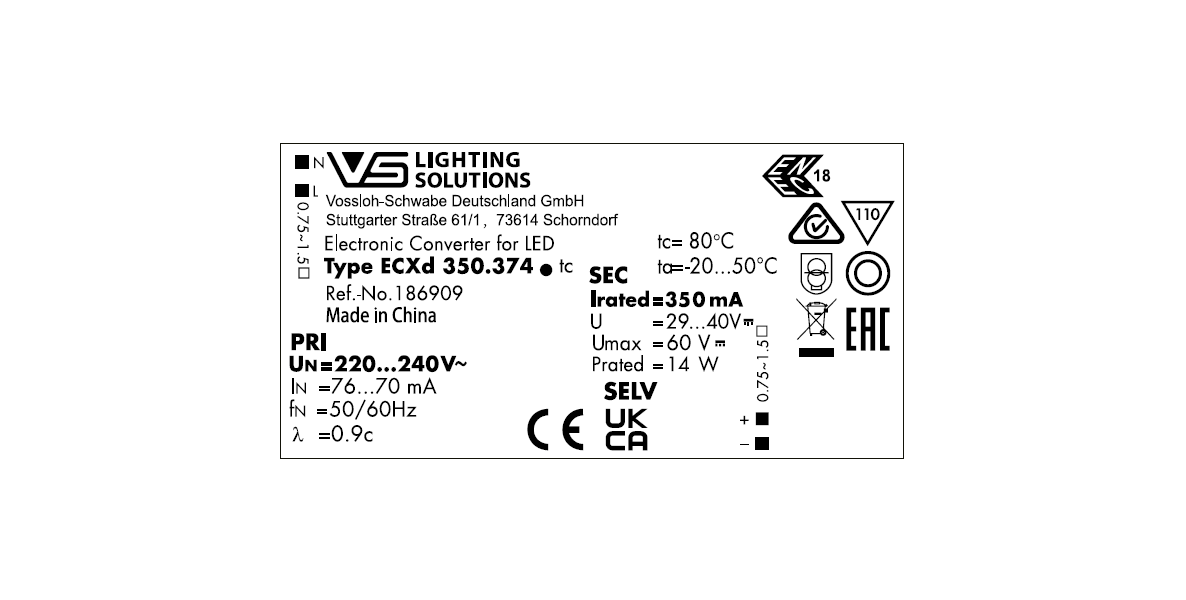 VS 14W  350mA  29-40V IP20  DIM (L,C_TRIAC)   ECXd   350.374   100x50x19мм - драйвер VS - , изображение 2