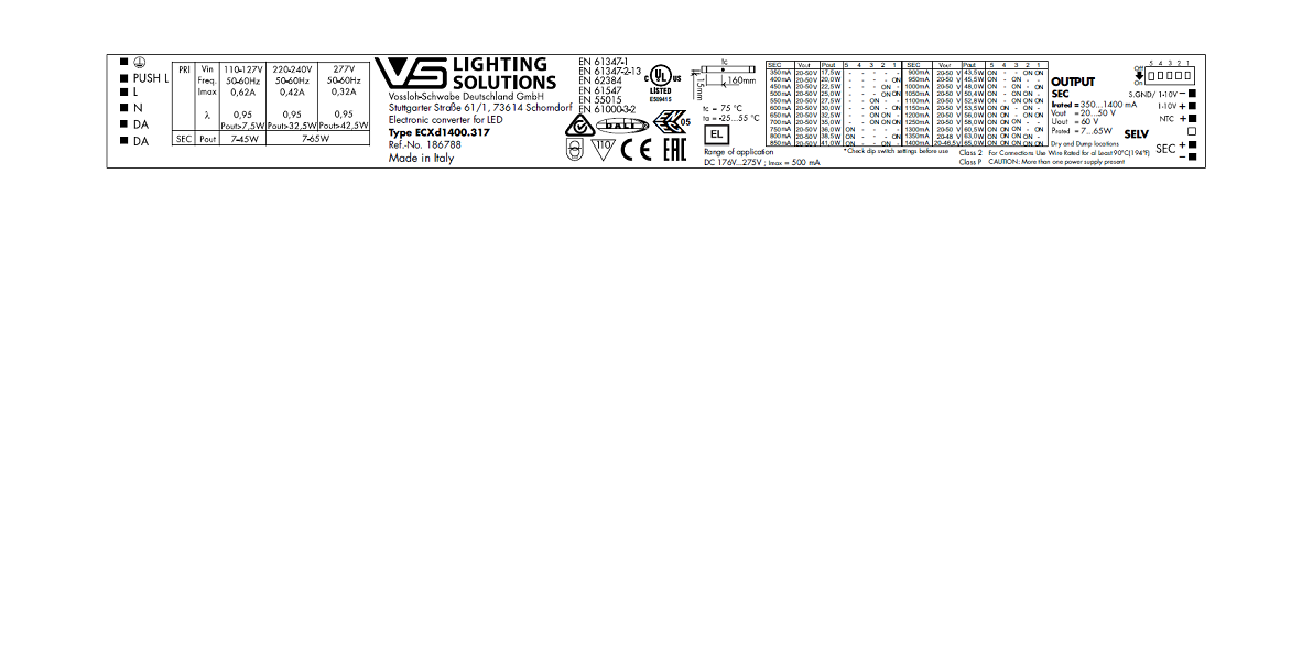 VS 65W DALI2+1-10V/DIP   350-1400мА     20-50V   DIP-перекл  ECXd 1400.317  359x30x21 мм  - драйвер - , изображение 2