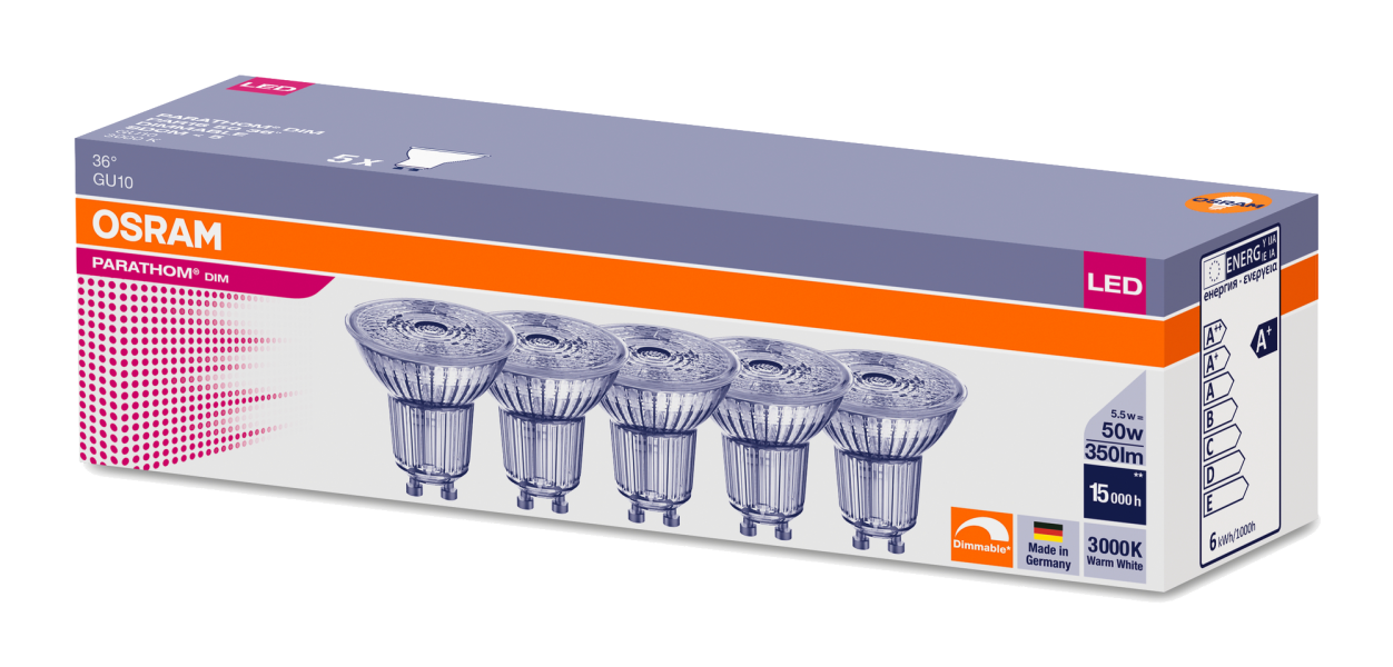 4.5W/930 (=50W) DIM GU10 230V 36° PARATHOM PAR16 ( УПАК 5 ЛАМП ) - LED лампа OSRAM - 