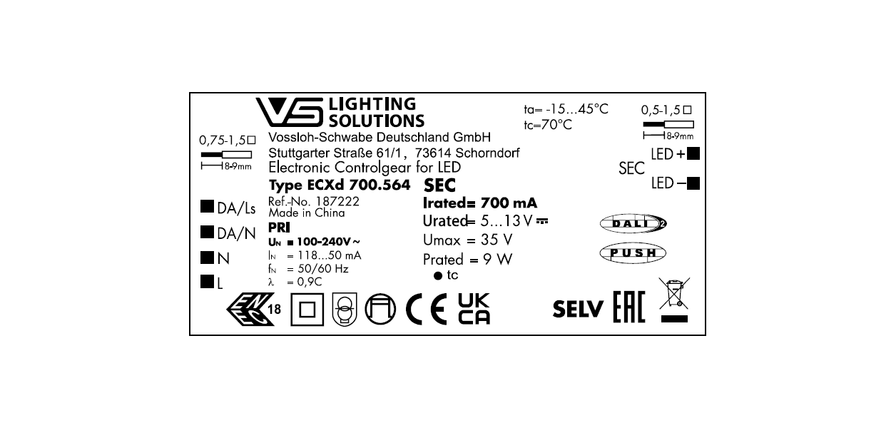 VS  9W  DALI2/Single   700мА   5-13V   ECXd  700.564  150х43х25мм - драйвер - , изображение 3