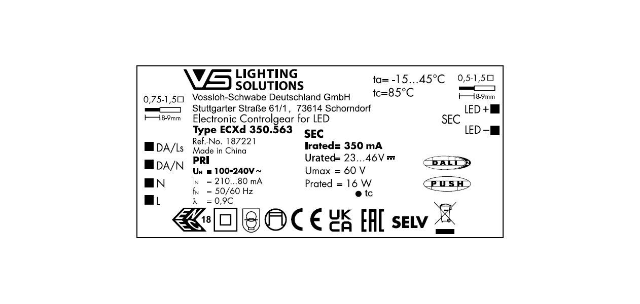 VS  16W  DALI2/Single  350мА  23-46V ECXd  350.563  150x43x25мм - драйвер - , изображение 3