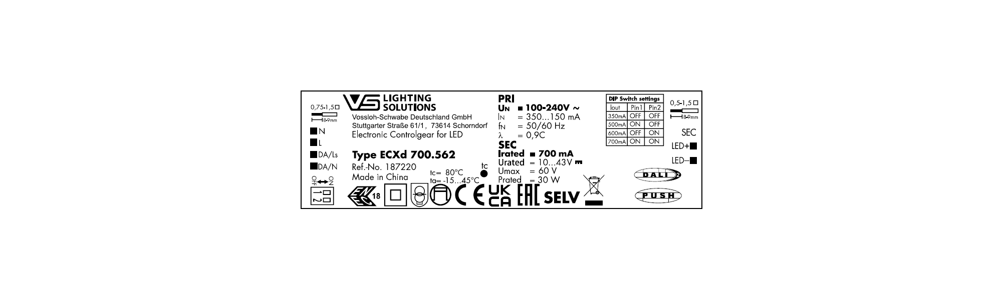 VS  30W  DALI2/DIP  ECXd  700.562  350-700мА    10-43V  DIP-перекл  152х46х36мм - драйвер VS - , изображение 2