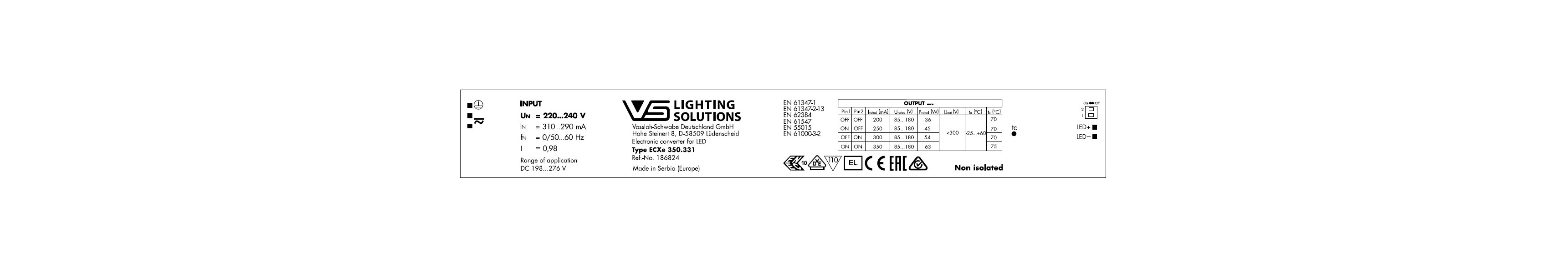 VS ECXe      350.331     200-350мА     85-180V/63W     DIP-перекл  280x30x21мм - драйвер - , изображение 2