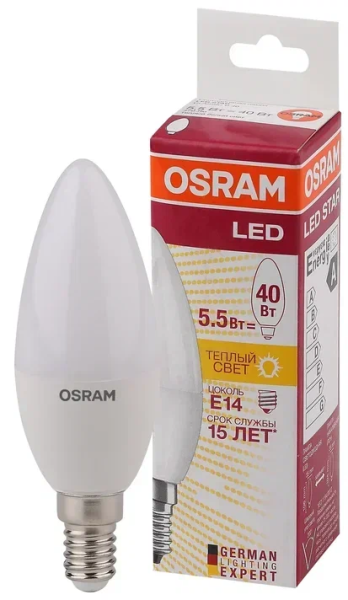 LS CLB 40  5.5W/827 220-240V FR  E14 470lm  200° 15000h свеча OSRAM LED-лампа - , изображение 2