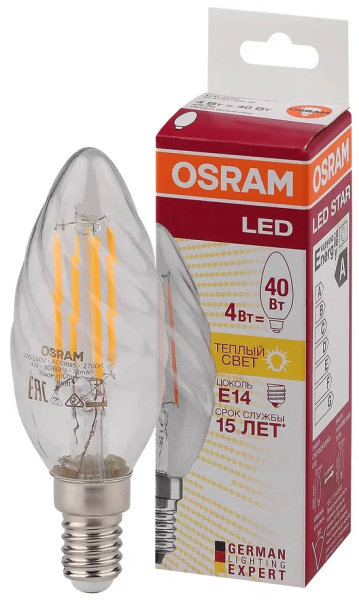 4W/827 (=40W) E14 LED Star FIL прозрачная - LED лампа свеча витая OSRAM - , изображение 2