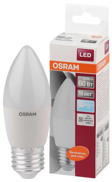 LS CLB 60  6.5W/840 220-240V FR  E27 550lm  200* 15000h свеча OSRAM LED-лампа - , изображение 2