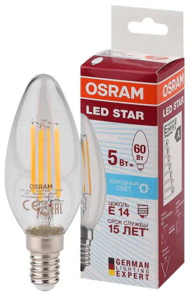 5W/840 (=60W) E14 LED Star FIL прозрачная - LED лампа свеча OSRAM - , изображение 2