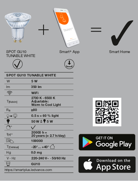 WiFi SPOT GU10 Dim 40 45°   4.9 W/2700K...6500K GU10 350Lm 20000h d50*55 - лампа LEDVANCE - , изображение 5