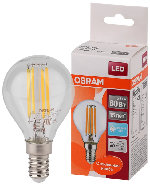 5W/840 (=60W) E14 LED Star FILAMENT прозрачная - LED лампа шарик OSRAM - , изображение 2