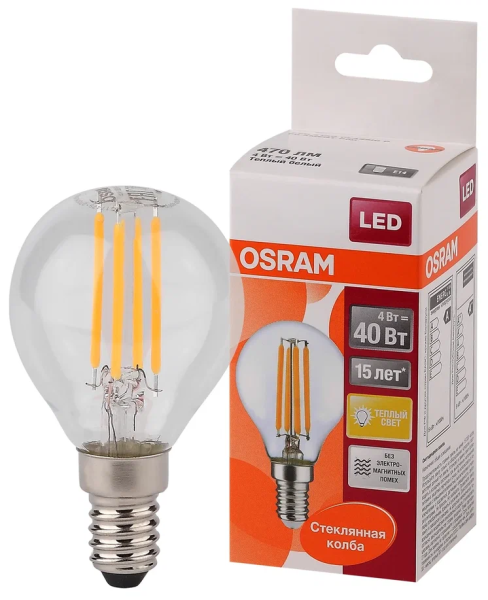 4W/827 (=40W) E14 LED Star FIL прозрачная - LED лампа шарик OSRAM - , изображение 2