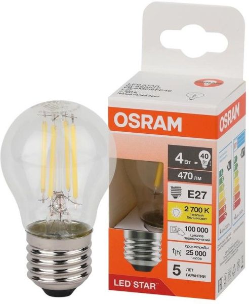 LED STAR CL P40 4W/827 220-240V FIL CL E27  470lm  - LED лампа шарик OSRAM - 