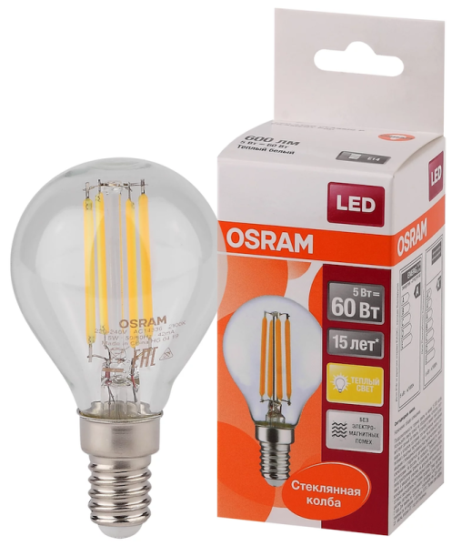 5W/827 (=60W) E14 LED Star FILAMENT прозрачная - LED лампа шарик OSRAM - , изображение 2