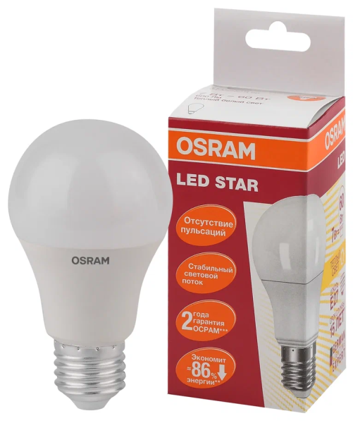 7W/827 (=60W) E27 LED Star матовая - LED лампа груша OSRAM - , изображение 2