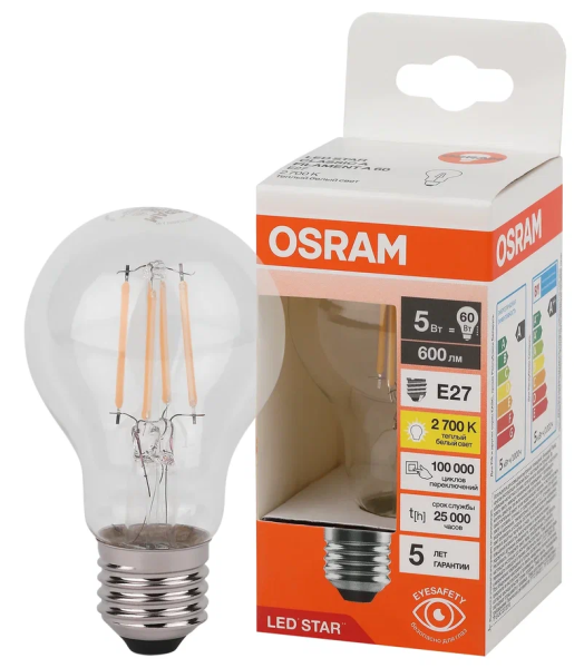 5W/827 (=60W) E27 LED STAR FIL CL 230V - LED лампа OSRAM - , изображение 2