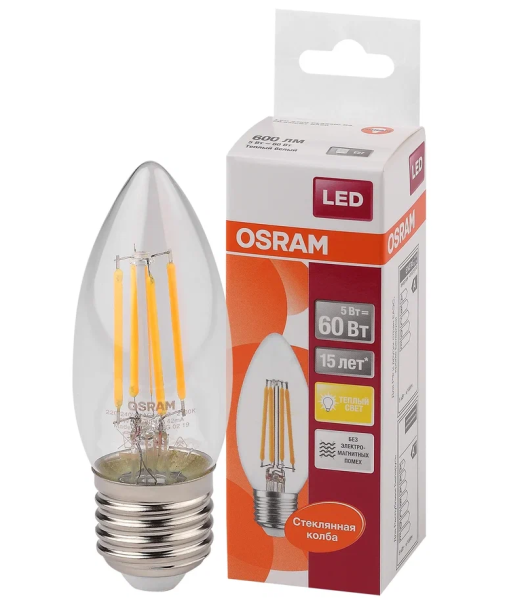 5W/827 (=60W) E27 LED Star FIL прозрачная - LED лампа свеча OSRAM - , изображение 2