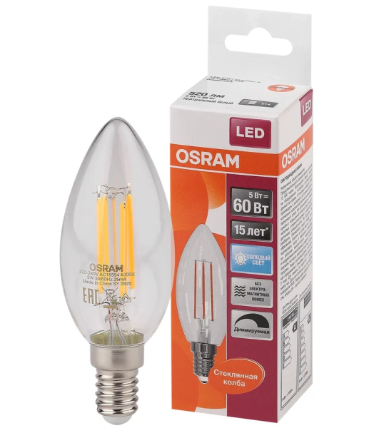 5W/840 (=60W) E14 DIM LED Star FIL прозрачная - LED лампа свеча OSRAM - , изображение 2