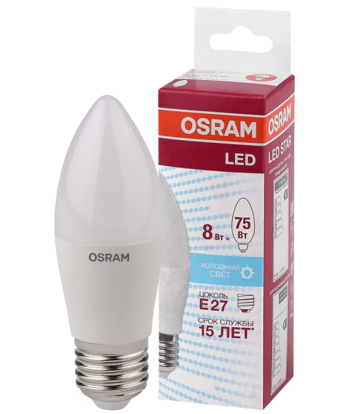 LS CLB 75  8W/840 220-240V FR  E27 806lm     200° 15000h свеча OSRAM LED-лампа - , изображение 2