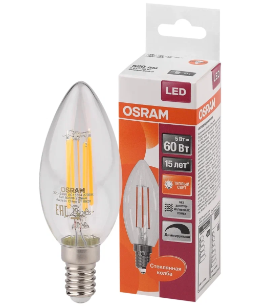 5W/827 (=60W) E14 DIM LED Star FIL прозрачная - LED лампа свеча OSRAM - , изображение 2