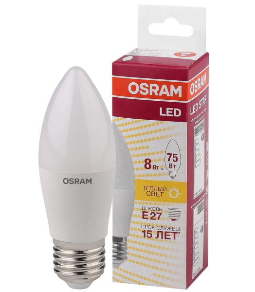 LS CLB 75  8W/830 220-240V FR  E27 806lm     200° 15000h свеча OSRAM LED-лампа - , изображение 2