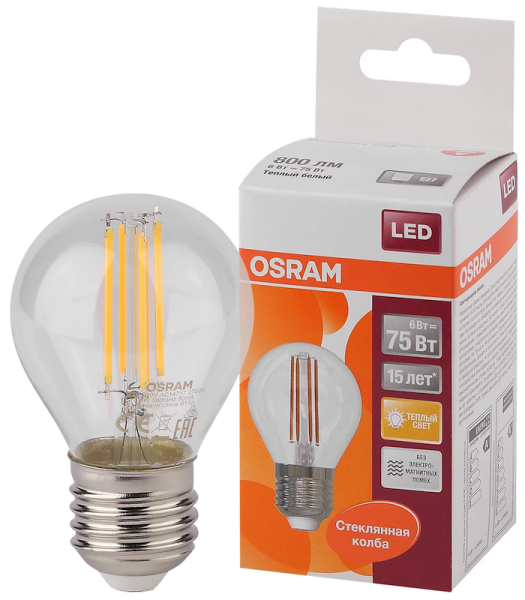 6W/827 (=75W) E27 LED Star FILAMENT прозрачная - LED лампа шарик OSRAM - , изображение 2