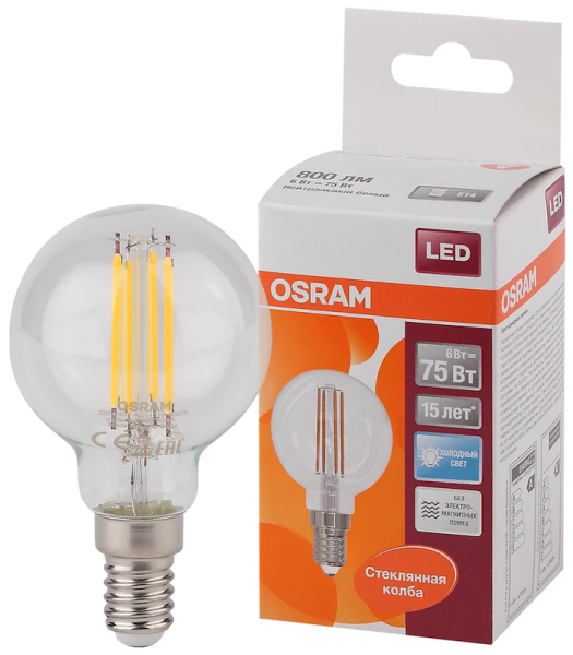 6W/840 (=75W) E14 LED Star FILAMENT прозрачная - LED лампа шарик OSRAM - , изображение 2