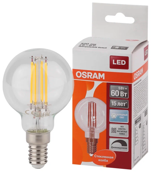 LS PCL P60DIM     5W/840 220-240V  CL  FIL  E14 520lm 15000h - LED лампа OSRAM - , изображение 2