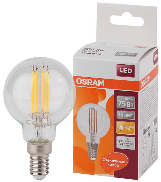 6W/827 (=75W) E14 LED Star FILAMENT прозрачная - LED лампа шарик OSRAM - , изображение 2