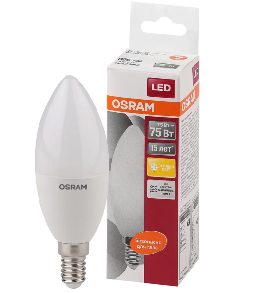 LS CLB 75  7,5W/827 220-240V FR  E14 806lm     200° 15000h свеча OSRAM LED-лампа - , изображение 2