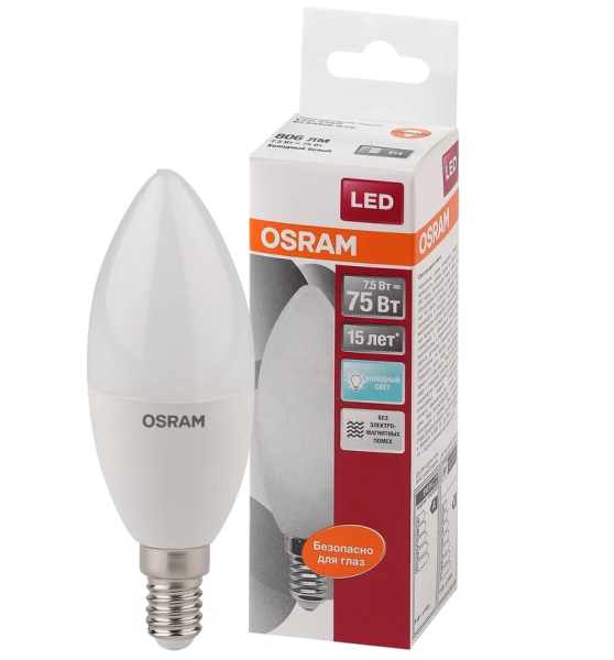 LS CLB 75  7.5W/840 220-240V FR  E14 806lm     200° 15000h свеча OSRAM LED-лампа - , изображение 2