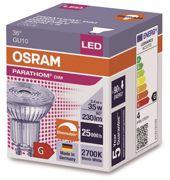 3.4W/927 (=35W) DIM 36° GU10 230V PARATHOM DIM Spot PAR16 230lm d51x55 - LED лампа OSRAM - , изображение 2