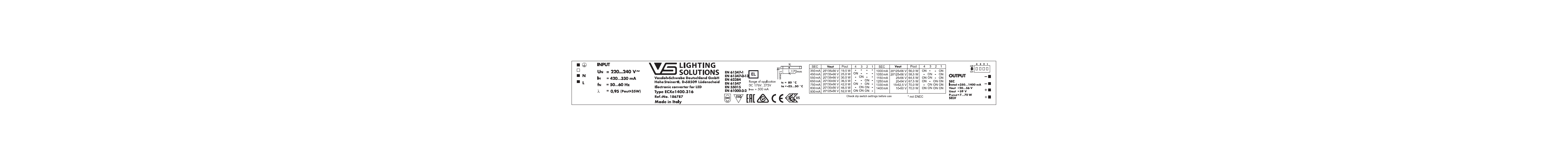 VS ECXe     1400.316   350-1400мА     35 -56V/70W     DIP-перекл  359x30x21мм - драйвер - , изображение 2