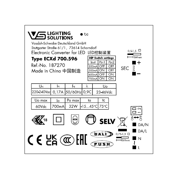 VS 16-32W  DALI2/DIP    350-700мА    23-46V ECXd  700.596  DIP-перекл  114x67x31мм - драйвер VS - , изображение 3