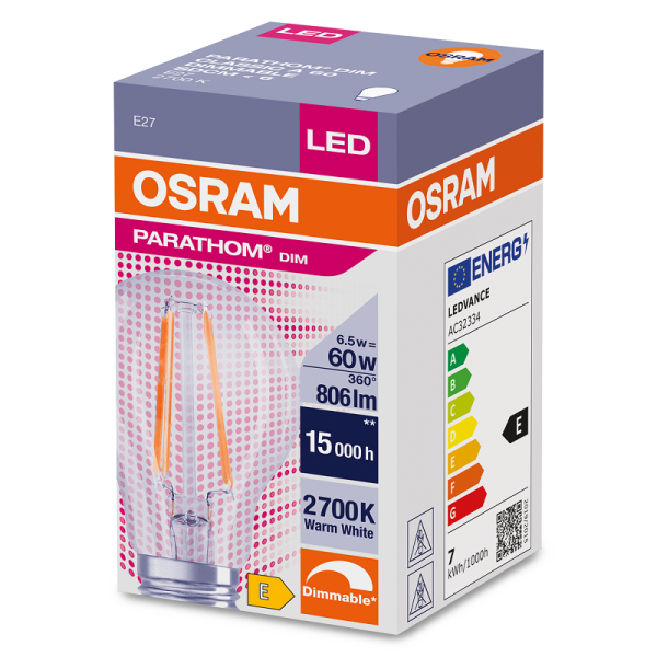 6,5W/827 (=60W) E27 DIM PARATHOM CL A FIL GL прозр. - LED лампа OSRAM - , изображение 2