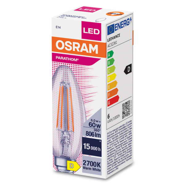 5.5W/827 (=60W) E14 PARATHOM FIL прозрачн - LED лампа свеча OSRAM - , изображение 2