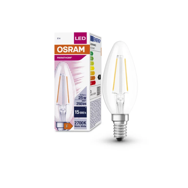 2,5W/827 (=25W) E14 PARATHOM FIL прозрач - LED лампа свеча OSRAM - , изображение 2