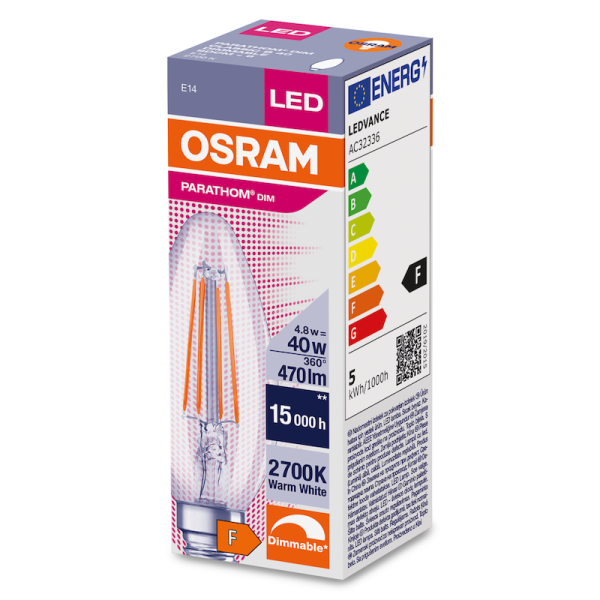 4,8W/827 (=40W) E14 DIM PARATHOM FIL 230V прозрачн - LED лампа свеча OSRAM - , изображение 2