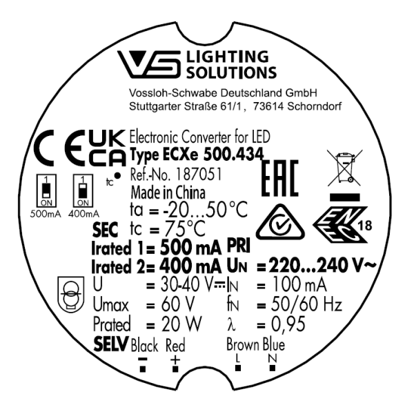 VS ECXe       500.434     400-500мА     30 - 40V/20W  DIP-перекл  D55x25мм - драйвер - , изображение 2