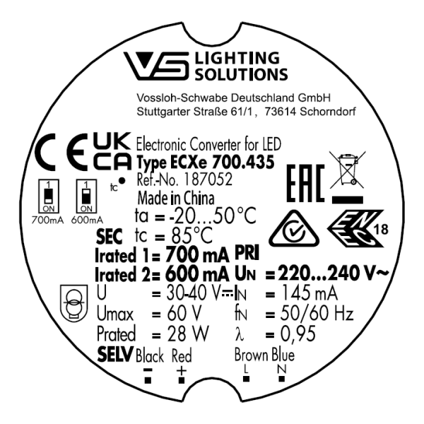 VS ECXe       700.435     600-700мА     30 - 40V/28W  DIP-перекл  D55x25мм - драйвер - , изображение 2