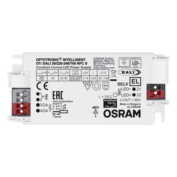 Драйвер для LED светильников OTi DALI 30/220…240/700  NFC S /LEDset/Prog 30W  350....700mA  20-50V  97x43x30 OSRAM - , изображение 2