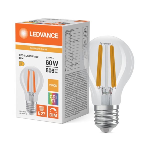 LED Classic A 60 Filament DIM CRI97 S 7.2W 927 Clear E27 - , изображение 5