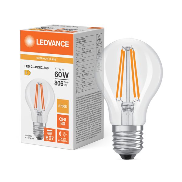 LED Classic A 60 Filament Daylight Sensor S 7.3W 827 Clear E27 - , изображение 5