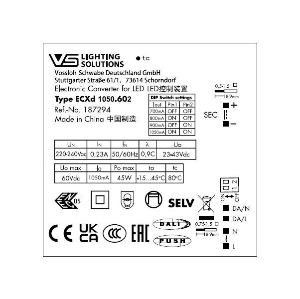 VS  30-45W  DALI2/DIP   700-1050mA    23-43V ECXd  1050.602  DIP-перекл 114x67x31мм - драйвер  VS - , изображение 3