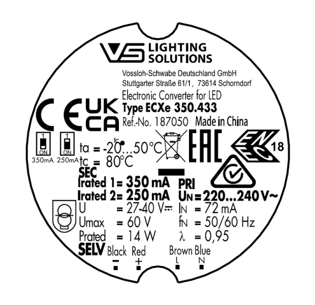 VS ECXe       350.433     250-350мА     27 - 40V/14W  DIP-перекл  D45x21мм - драйвер - , изображение 2