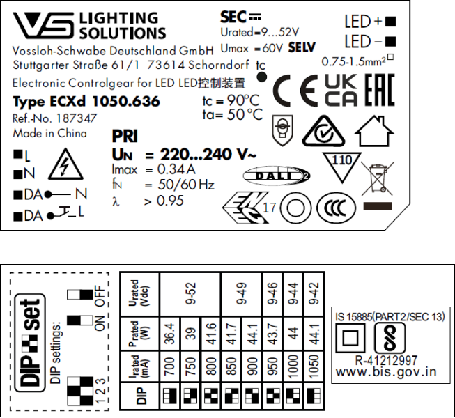 VS  44W  DALI2/DIP  700-1050мА    9-52V     ECXd 1050.636   DIP-перекл  97x43x30мм - драйвер - , изображение 3