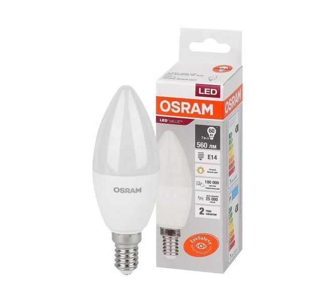 LV CLB 60   7SW/830 220-240V FR  E14 560lm  200* 25000h свеча OSRAM LED-лампа - 