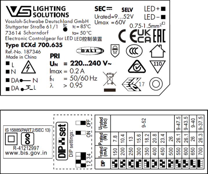 VS  26W  DALI2/DIP  150-700мА    9- 52V  ECXd 700.635  DIP-перекл  97x43x30мм - драйвер - , изображение 3