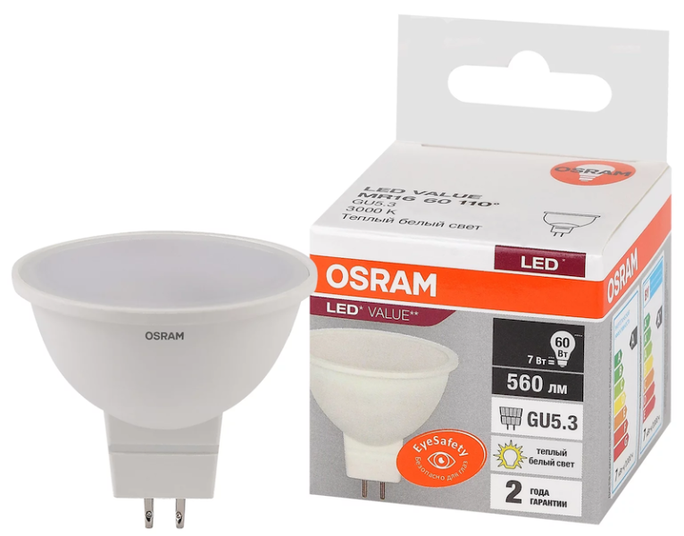 MR16 7SW/830 (=60W) 110° 230V GU5.3 LED Value - LED лампа OSRAM - , изображение 2