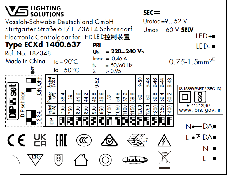 VS  36-60W  DALI2/DIP   700-1400мА     9-52V/60W  ECXd 1400.637   DIP-перекл  110x74x30 мм  - драйвер - , изображение 3